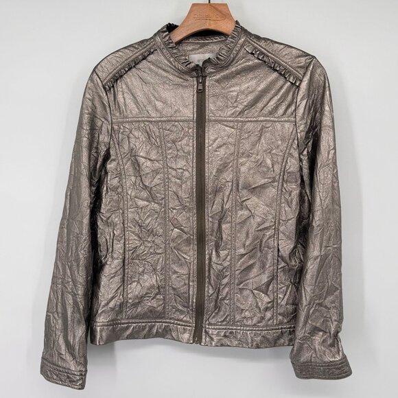 Erin London Womens faux leather metallic Jacket size medium Zip-Up pockets - Picture 8 of 16